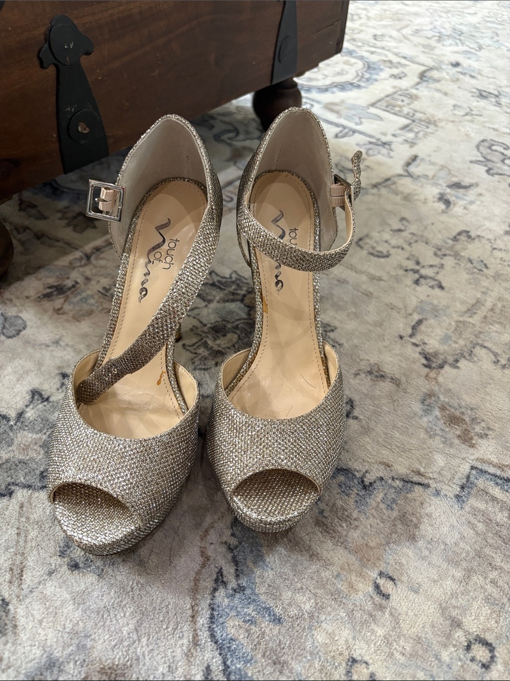 Touch of Nina Sparkling Gold Peep-Toe Ankle-Strap Heels
